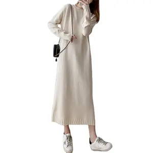 Kış kore tarzı düz bayanlar gevşek kazak örme uzun Maxi kazak elbiseler kadınlar için