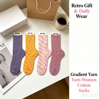 Chaussettes pour femmes en fil teint vintage, chaussettes en coton doux à rayures colorées, motif personnalisé, emballage
