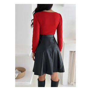 Robe évasée en cuir rouge à col carré et manches longues pour femme, tenue de club - Product Image 4