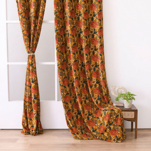 Cortinas de Terciopelo de Algodón Amarillo Mostaza con Estampado Floral, Cortinas Botánicas Vintage, Decoración del Hogar Estilo Cottagecore Retro Chic, Terciopelo Vintage - Product Image 1