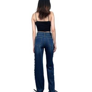 Pantalones Largos de Mezclilla con Diseño Personalizado, Cintura Media, Abertura Lateral, Tiras de Encaje, Estilo Flare, Sexy y Elegantes, con Abertura Alta y Cordones para Mujer - Product Image 2