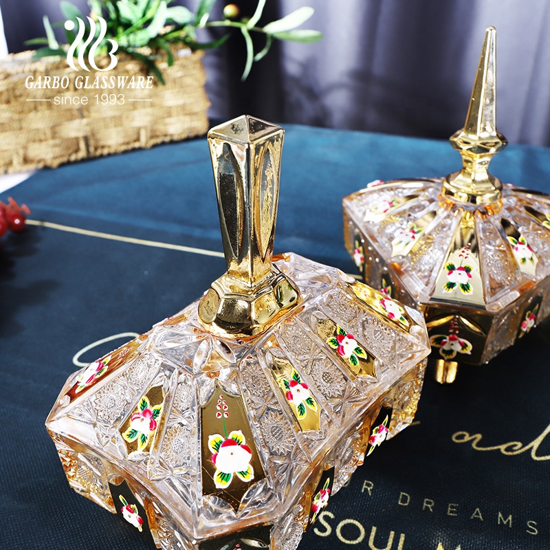 高級キャンディーポット形状ウェディングガラスポットゴールデンガラス