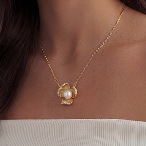 Copper Gold Plated Four Petal Ribbed <b>Fan</b> Flower CZ Edge Freshwater Pearl Pendant Necklace Vintage Luxury Jewelry for Women - Product Image 3