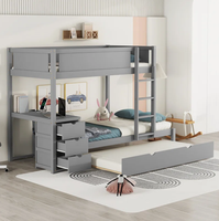 Lit superposé avec bureau, tiroirs et lit gigogne gris, lit double sur lit double gigogne, lits à deux niveaux pour enfants et adultes