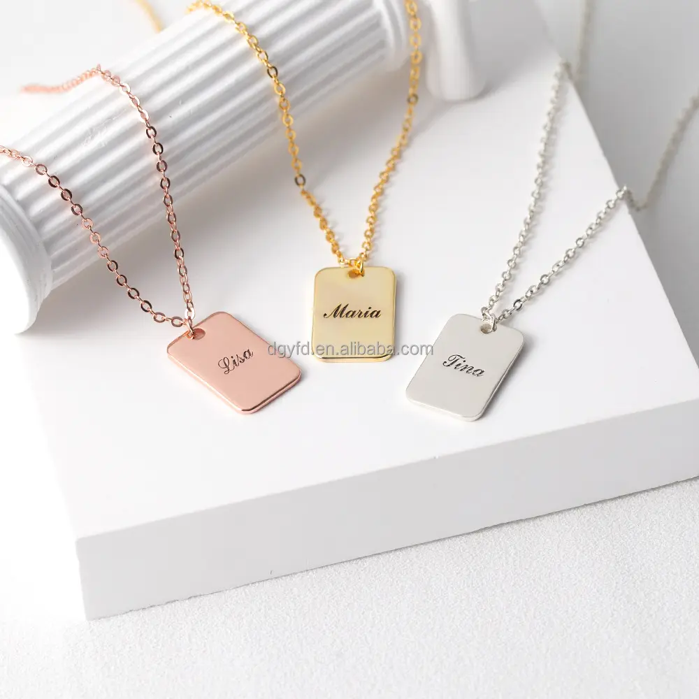 Colar de prata esterlina personalizado com etiqueta inicial, pingente retangular personalizado com placa de nome, joia e etiqueta gravada para mãe