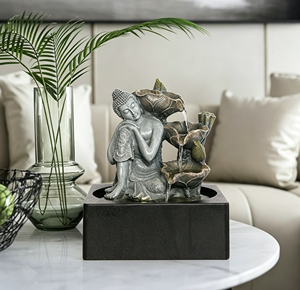 <span class=keywords><strong>Fontaine</strong></span> Bouddha en argent avec cascade de feuilles de lotus, éclairage LED et <span class=keywords><strong>bassin</strong></span> carré imitation pierre <span class=keywords><strong>pour</strong></span> décoration zen - Product Image 2