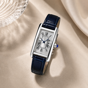 Montre rectangulaire de créateur à quartz avec chiffres romains, bracelet en cuir bleu, montre classique minimaliste pour le quotidien et les affaires - Product Image 1