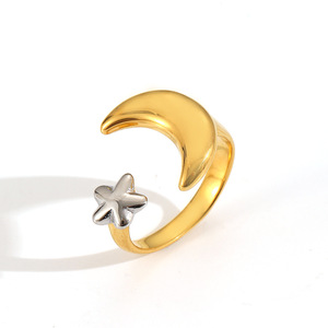Anillo de PVD de oro de 18 quilates, anillo de luna y estrella de acero inoxidable de dos tonos, anillo abierto de moda minimalista, joyería de moda hipoalergénica para mujer - Product Image 6