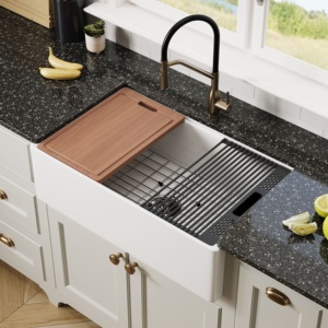 Évier <span class=keywords><strong>de</strong></span> cuisine en céramique blanc <span class=keywords><strong>de</strong></span> 33 pouces, à face frontale, à cuve unique, en argile réfractaire cannelée, style ferme, certifié CUPC - Product Image 1