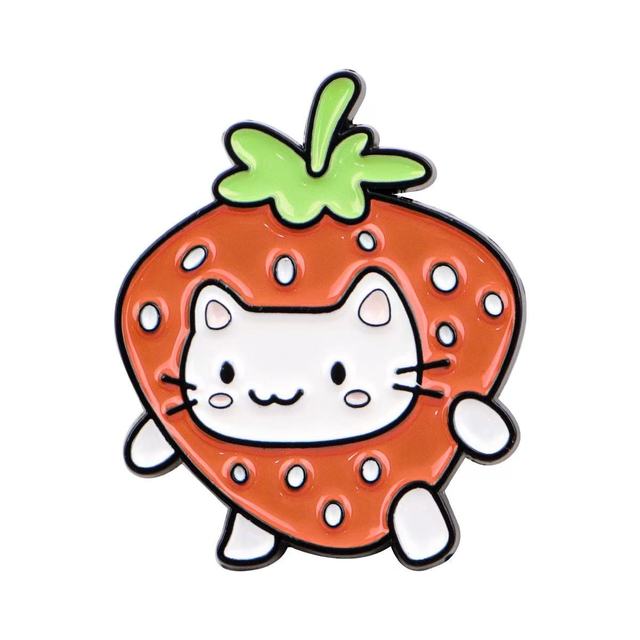 Wholesale Metal Cartoon Pins Strawberry Cat Enamel Pins Creative Decorative Lapel Brooches Pin Accessories for Bags & Clothes