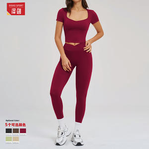 Conjunto deportivo de yoga Disko Sport, top corto de cuello cuadrado y cintura alta, manga corta, tela elástica en cuatro direcciones, ropa deportiva para mujer - Product Image 2