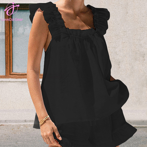 Completo Due Pezzi Loveda in Cotone e <span class=keywords><strong>Lino</strong></span> con Canotta e Pantaloncini con Orlo Arricciato <span class=keywords><strong>Abbigliamento</strong></span> Casual da <span class=keywords><strong>Donna</strong></span> - Product Image 4