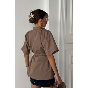 Camisa de Popelina con Detalle de Fruncido en la Cintura, Blusa Marrón para Mujer, Manga Corta, Cierre de Botones, Talla S - Product Image 1