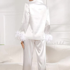 QINSI tüy ile 2025 kadın zarif saten pijama seti moda-rahat katı desen 2-Piece salonu giyim için bahar - Product Image 3