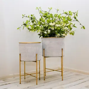 S/2 Embossed brass welcome tree balcony large garden planters flower pot round antique white metal planter stand with holder