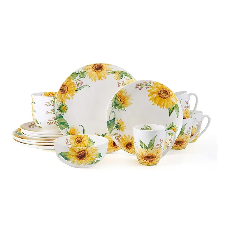 Grosir Penggunaan Dapur Rumah 16 Buah Set Peralatan Makan Malam Porselen Halus Keramik Bunga Matahari Pola Logo Khusus Peralatan Makan Malam