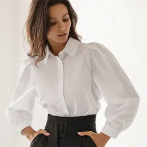 Camisa elegante casual branca 100% algodão, camisa feminina profissional formal de escritório