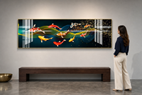 Peinture à l'aquarelle Feng Shui Neuf poissons Koi Vague dorée Art mural de luxe sur papier pour décoration de bureau et d'hôtel Cadeau