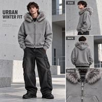 Sweat à capuche zippé personnalisé coupe courte, coupe ample unisexe, gris, avec bordure en fourrure, poche fendue, fermeture éclair bidirectionnelle, style streetwear, fournisseur en gros pour marques