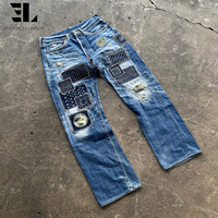 Pantalon en jean évasé de style japonais avec appliqué brodé à la main Sashiko, coupe slim, jambe droite, fabriqué sur mesure par LARSUR