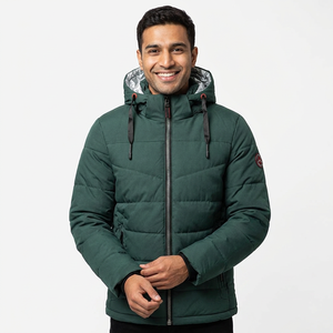 Logotipo personalizado OEM Heren High Street Bomber Puffer Jack Winterjas Capuchon Canvas Effen Patroon Ritssluiting Voorkant Logo Positie - Product Image 1