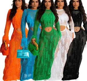 STOCK 5Colors Women Sequin Dress Tassel Full Sleeve Cut Out Party Night Clubwear Hollow Out Beachwear Crochet Cover Ups