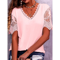 T-shirt décontracté d'été pour femme en dentelle unie tissée respirante à col en V et manches courtes coupe ample
