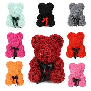 25cm Heart Ribbon rose Bear Valentine Girlfriend Anniversary Gift Foam Flower Teddy Bear for Wedding Party Decoration