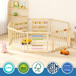 Parc de jeu pliable hexagonal personnalisé pour bébé en pin de Nouvelle-Zélande, barrière de sécurité pour ramper, parc de jeu intérieur en bois pour bébé avec porte - Product Image 2
