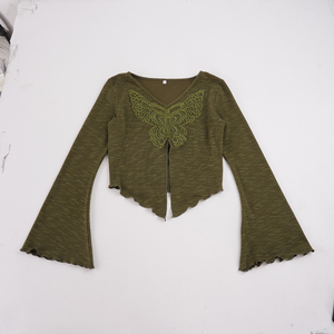 Ins Forest Style <b>Butterfly</b> Lace Applique V Neck Slit Flared Sleeve Asymmetrical Ruffle Trim Long Sleeve <b>Top</b> Women - Product Image 6