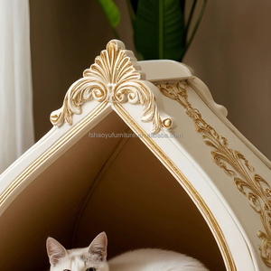 Hochwertiges Französisches Antikes Beige Massivholz-Hundehaus für Innenräume mit Schwammfüllung Luxuriöse Goldblatt-Villa und Kuppeldach für Katzen - Product Image 4
