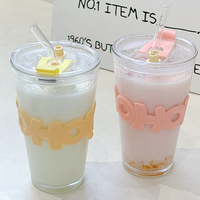 Gobelet en verre sodocalcique réutilisable de 460 ml avec logo personnalisé, manchon à lettres colorées et couvercle à paille, pour la maison et le bureau