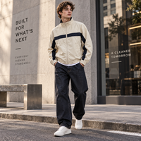 Veste de survêtement rétro vintage coupée et cousue, coupe-vent zippé à rayures beige et marine, personnalisable, OEM ODM, vente en gros, usine