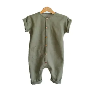 Sommer Kleinkind Baby Boy Leinen Baumwolle Overall Stram pler Knopf lange Hosen Overall mit Tasche