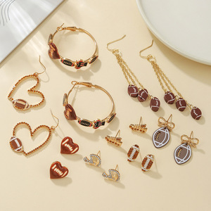 Heart-Shaped Football Stud Earrings With <b>Chain</b> Dangles For Women Sports Fashion Jewelry Set 8-Pair Pack - Product Image 3