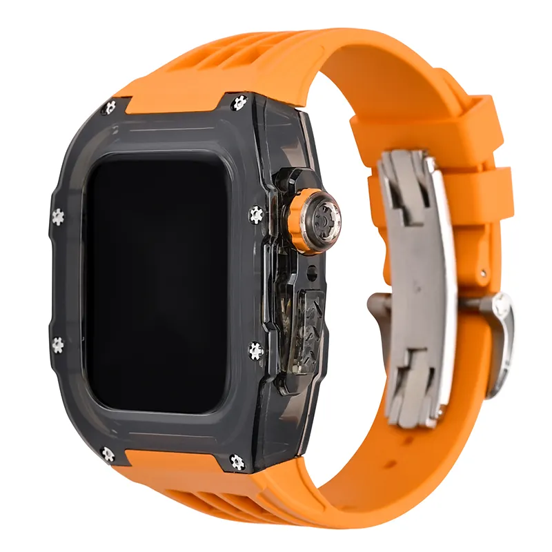 RM Black Transparent Case For Apple Watch 45MM 44MM Mod kit with Rubber Band For iWatch Series 8 7 6 5 4 SE Silicone Strap