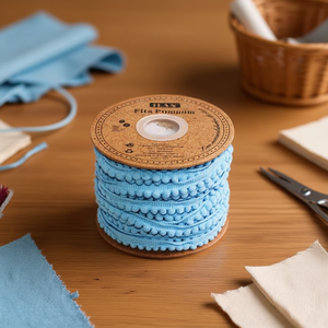 Nastro con pompon Ilan, largo 1,0 cm, lungo 20 iarde, decorazione artigianale azzurra - Product Image 2