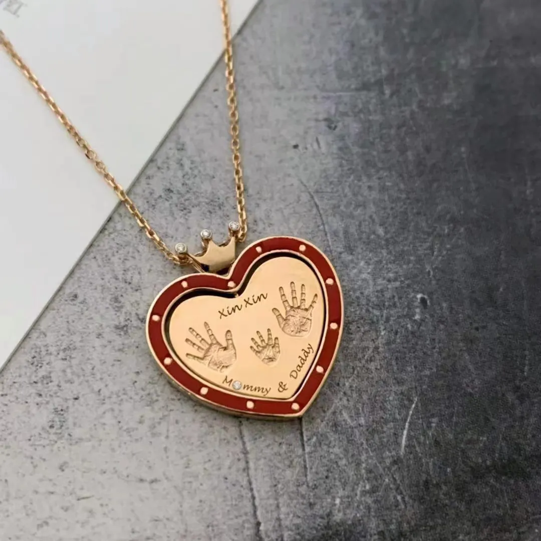 Best Sale 18k Gold Pendant Heart Baby Fingerprint Pendant Gold Necklace Rotatable Customization Jewelry For Memory Dropshipping