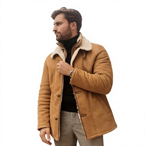 Men's Tan Suede Leather Jacket With <b>Faux</b> <b>Fur</b> Lining Turn-down Collar Windproof Winter <b>Coat</b> Regular Fit Casual Style - Product Image 1