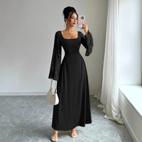 Robe à col carré de couleur unie, manches longues évasées, style rétro élégant