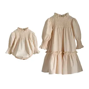 Manufacturer Quality Mom and Baby Girl Matching Outfits Puff Ruffled Flared Sleeve Smocked Dress and Romper Clothing set