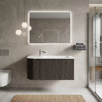 Meuble-lavabo mural flottant en noyer foncé rainuré, design incurvé vertical, avec vasque intégrée, pour salle de bain moderne
