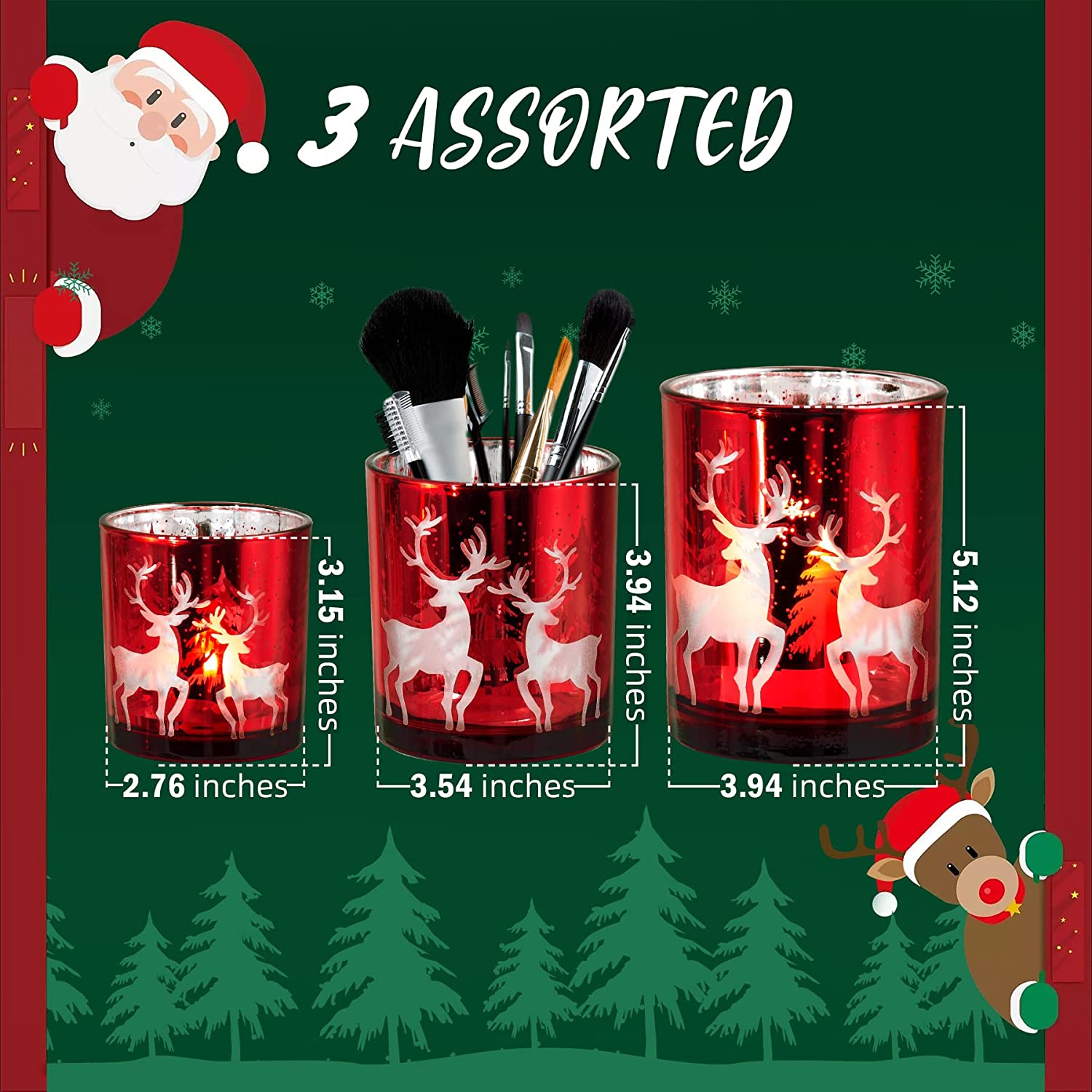 Christmas Votive Candle Holders Set of 3, Glass Tea Light Holder for Christmas Holiday Wedding Party