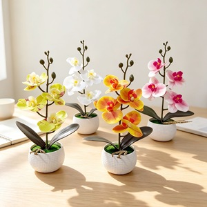 Orchidée Phalaenopsis Bonsaï Quatre Fleurs en Caoutchouc Souple avec Pot pour Décoration de Bureau Jaune Blanc Rose Vert - Product Image 1