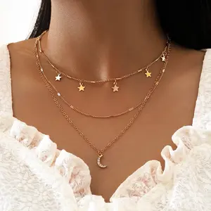 fashion 18k gold plated multi layered moon and star choker necklace for women