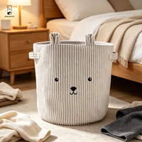 Panier de rangement en velours côtelé avec poignées, broderie visage d'ours, panier à linge pour chambre d'enfant, organisateur de jouets, bac rond en tissu pour chambre d'enfant