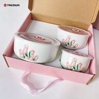 Ensemble de 3 bols de rangement gigognes en céramique, allant au micro-ondes et au lave-vaisselle, design floral, en porcelaine européenne avec couvercles