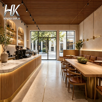 Comptoir de café personnalisé, écologique et durable, avec étagères arquées en bois, présentoir en verre et éclairage LED pour l'intérieur du café