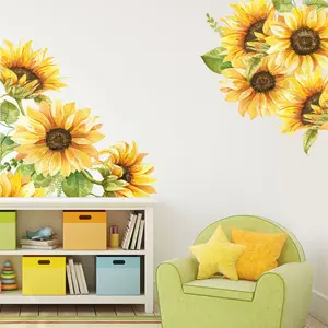 해바라기 태양 꽃 자체 접착 벽 스티커 홈 벽 꽃 배경 벽 장식 스티커