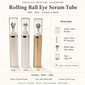 Tubo de suero para ojos con bola rodante de 10ml 15ml, rodillo de aleación de zinc, bomba de vacío sin aire, tubo de embalaje para crema/gel de ojos con masajeador para el cuidado de la piel - Product Image 1